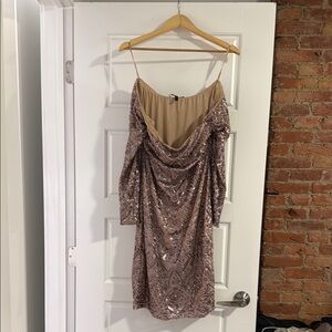 BCBGMaxAzria Gold Asymmetrical Ruched Bodycon Dress